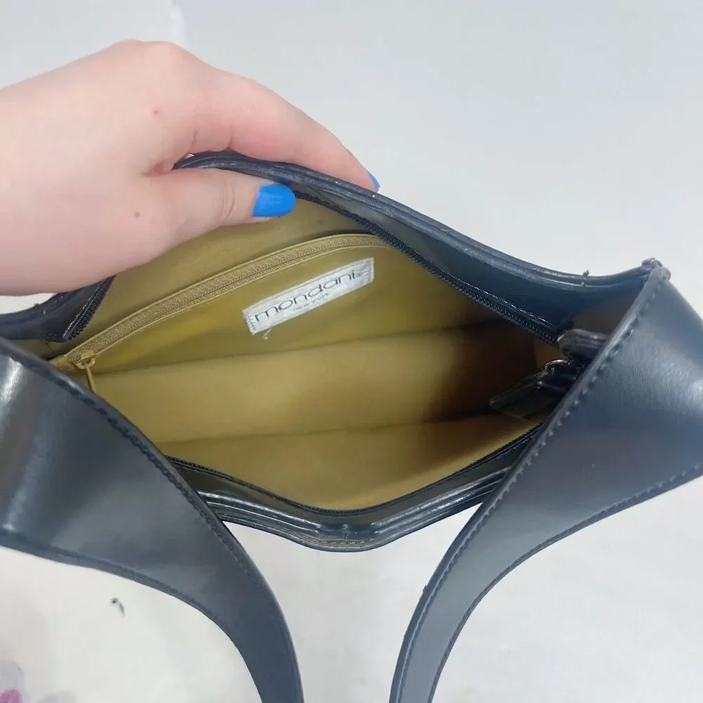 Vintage Mondani Black Leather Shoulder Bag Structured Laser Cut Purse - Picture 5 of 11